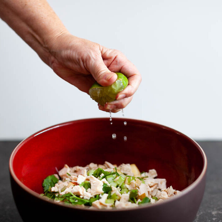 easy chicken salad recipe in a red bowl